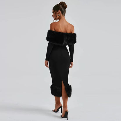 Schwarzes Off-Shoulder Kleid mit Fell-Details