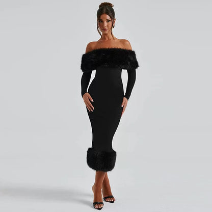 Schwarzes Off-Shoulder Kleid mit Fell-Details