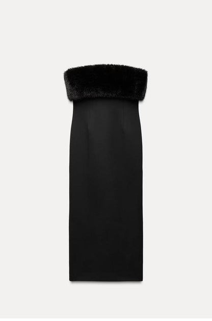 Schwarzes Abendkleid mit Kunstfell